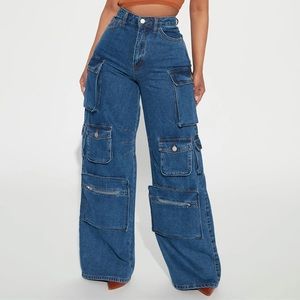 Fashion Nova Lily High Rise Cargo Jeans - Medium Blue Wash (Reg)